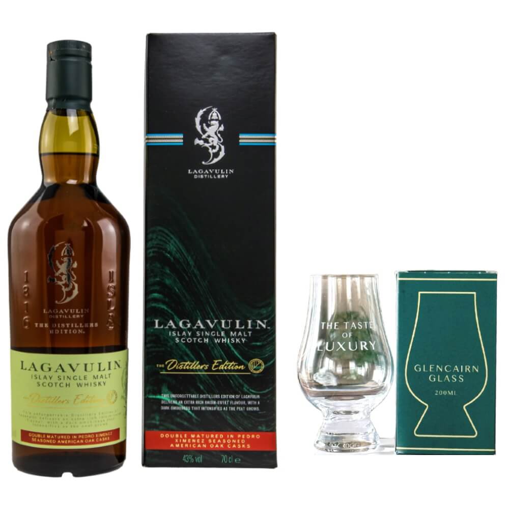 Lagavulin Distillers Edition Whisky 43% Glencairn Bundle
