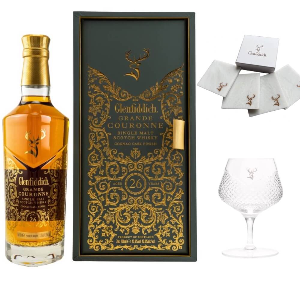 Glenfiddich 26 Jahre Grande Couronne Whisky 43,8% Set mit Glas und Coaster