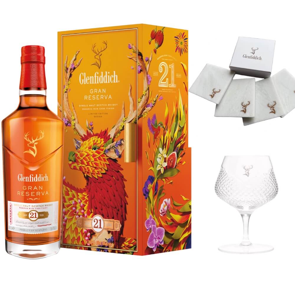 Glenfiddich 21 Jahre Gran Reserva Rum Chinese New Year Whisky 40% Set mit Glas und Coaster
